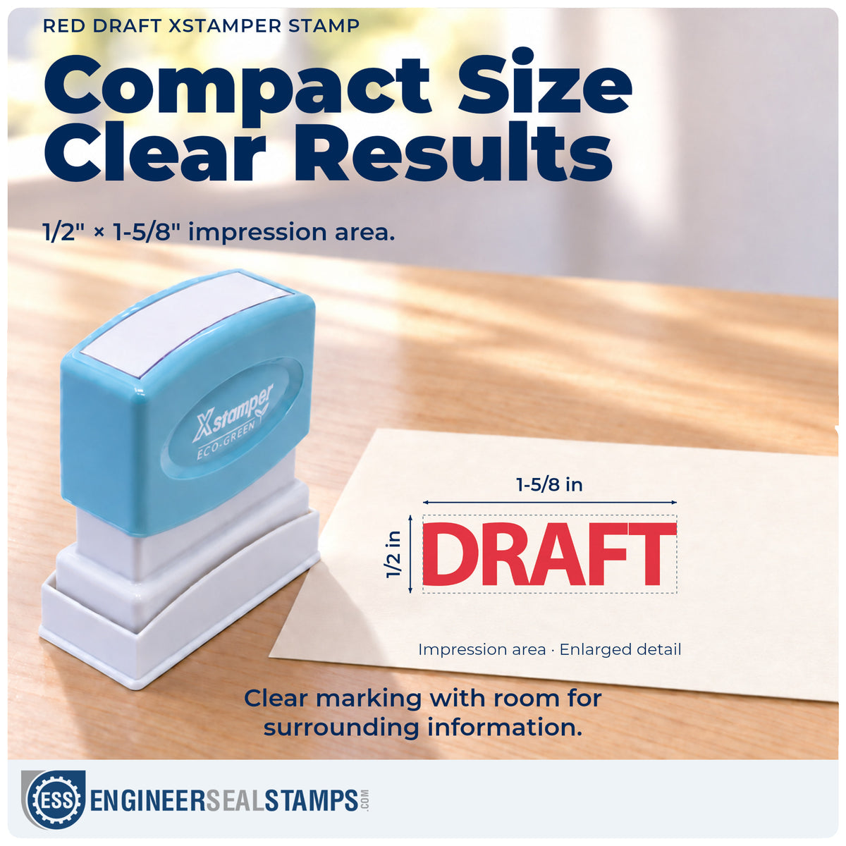 Impression size guide: the "Draft" imprint measures Approximately 1/2 in tall x 1-5/8 in wide