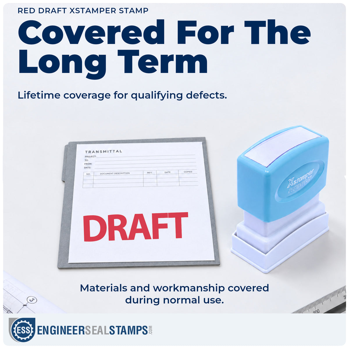 Lifetime guarantee coverage on the "Draft" Xstamper pre-inked stamp