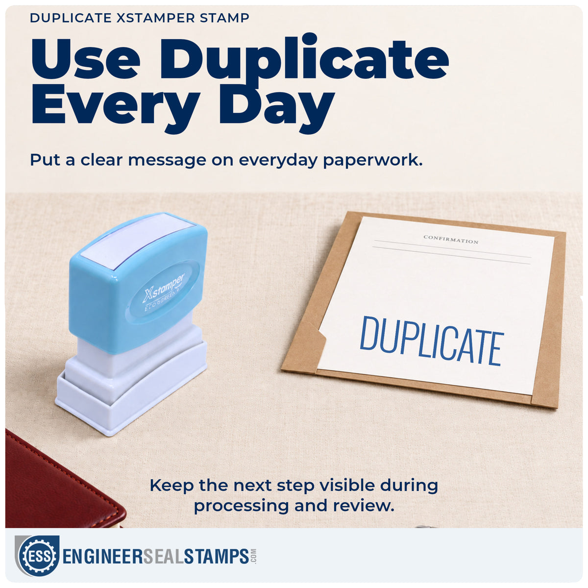 "Duplicate" stamp being pressed onto a document during everyday filing