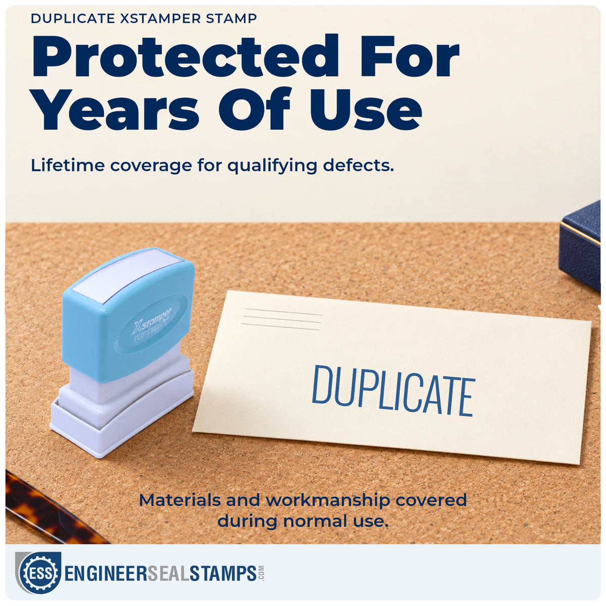 Lifetime guarantee coverage on the "Duplicate" Xstamper pre-inked stamp