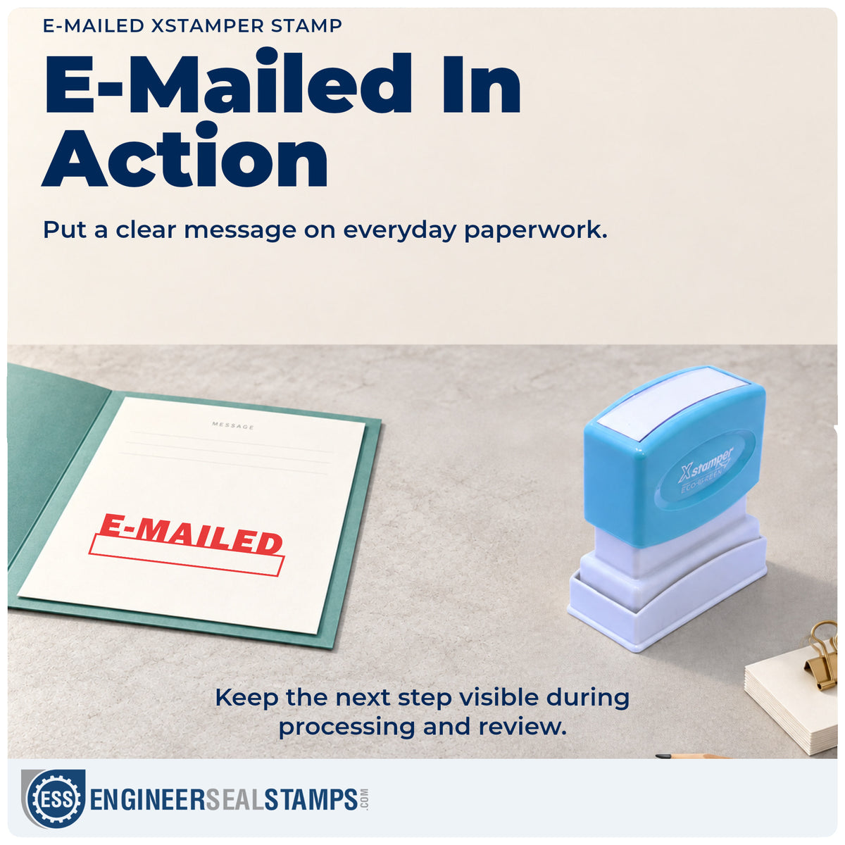 "E-mailed" stamp being pressed onto a document during everyday filing