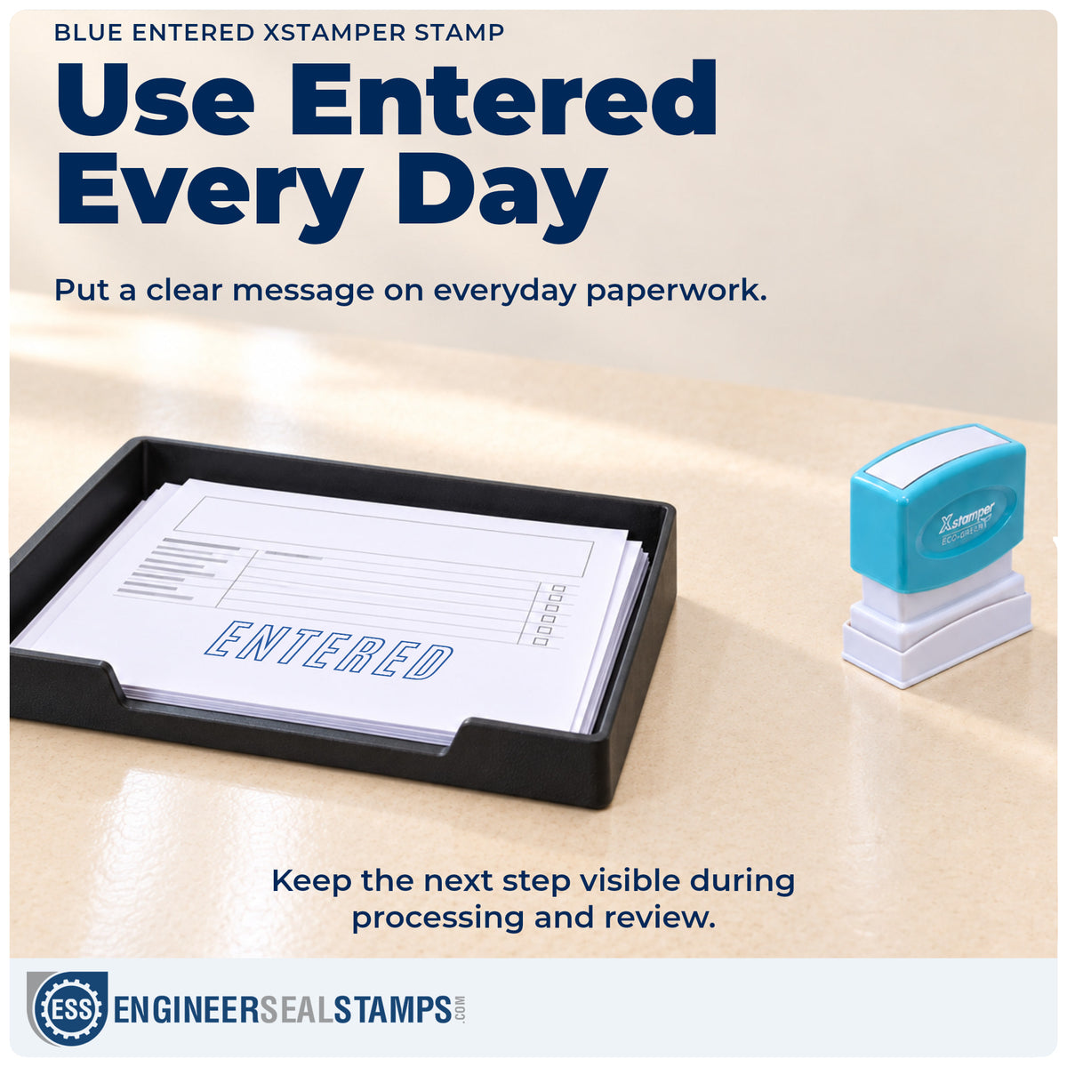 "Entered" stamp being pressed onto a document during everyday filing