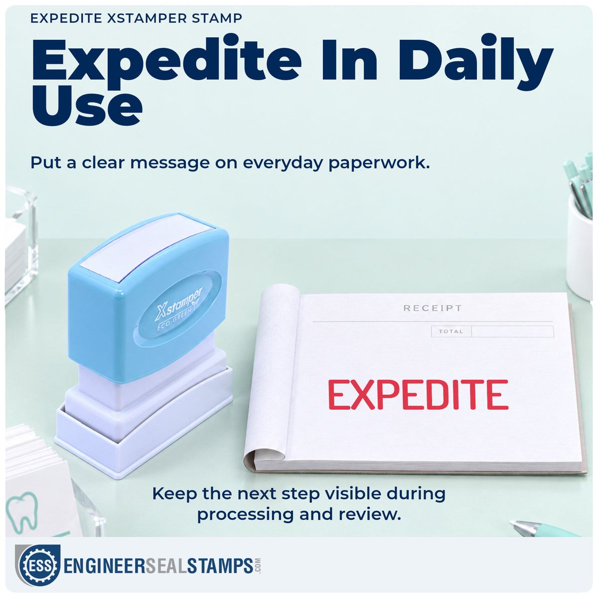 "Expedite" stamp being pressed onto a document during everyday filing