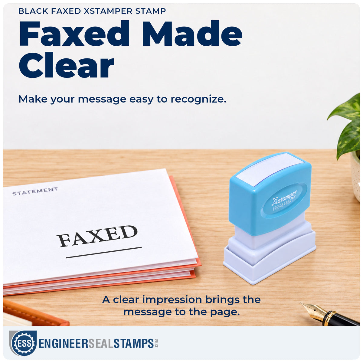 "Faxed" imprint on office paperwork beside the Black Faxed Stamp – Pre-Inked Xstamper