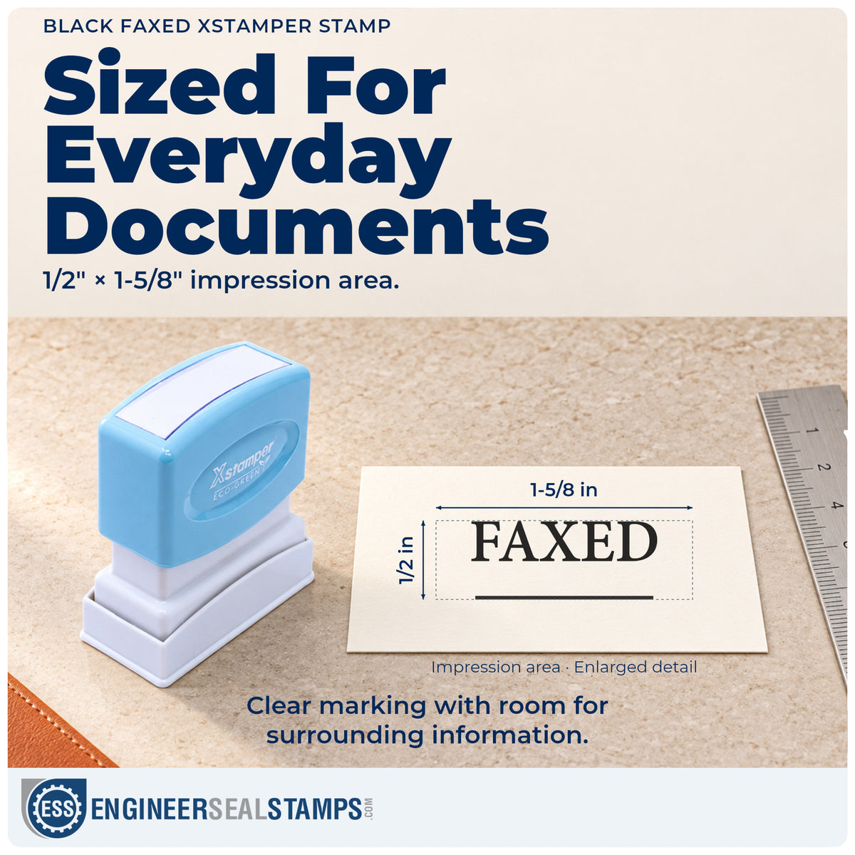 Impression size guide: the "Faxed" imprint measures Approximately 1/2 in tall x 1-5/8 in wide