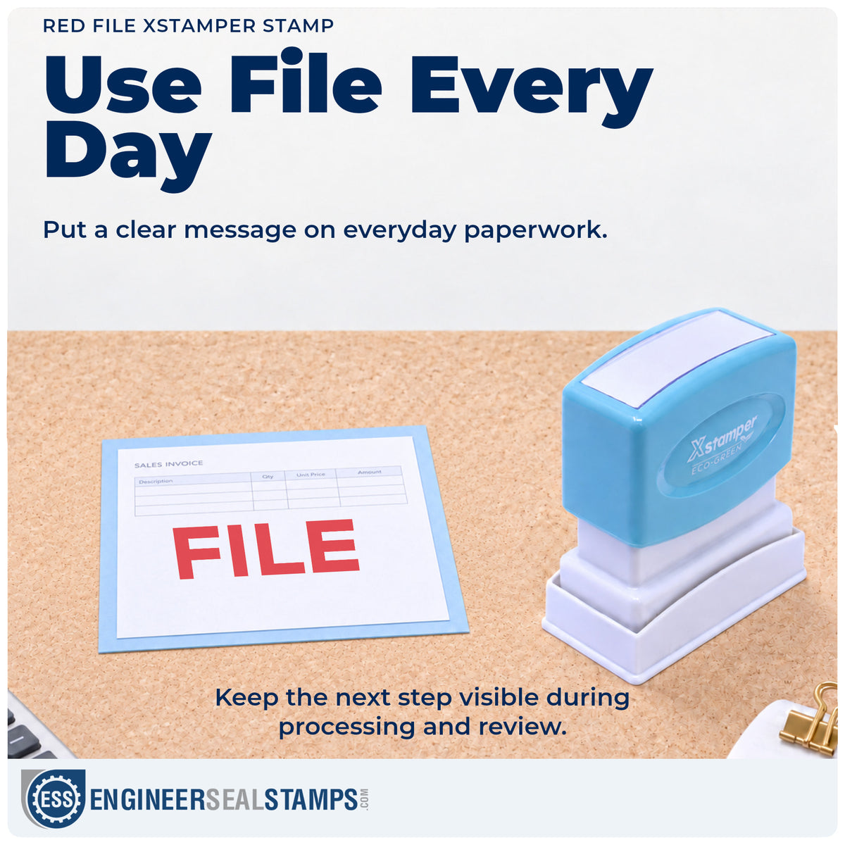 "File" stamp being pressed onto a document during everyday filing