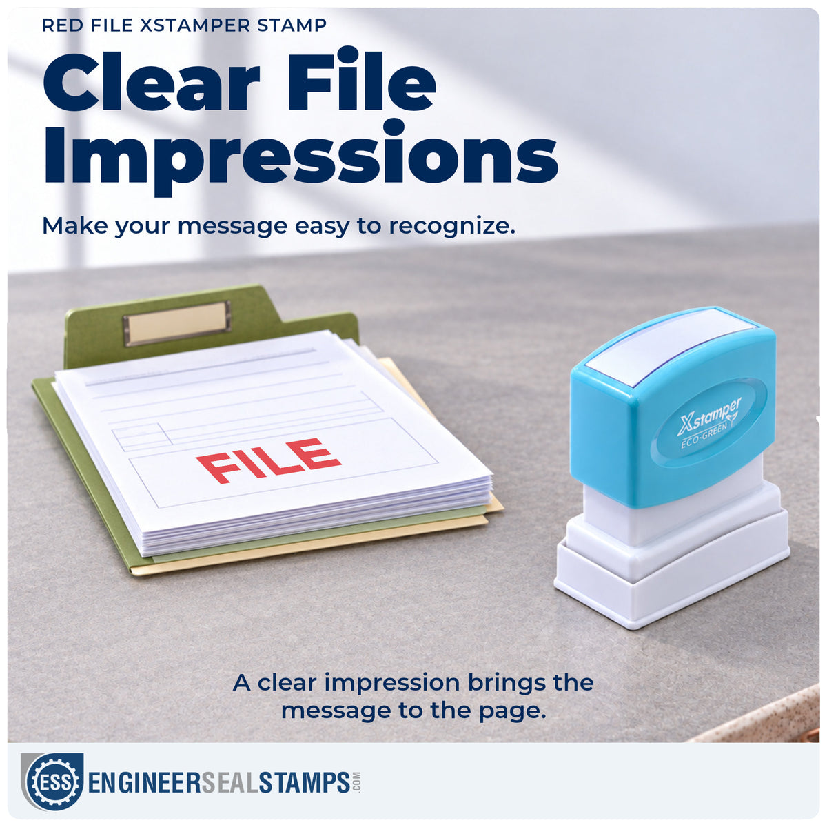 "File" imprint on office paperwork beside the File Stamp For Document Filing – Red Pre-Inked Xstamper
