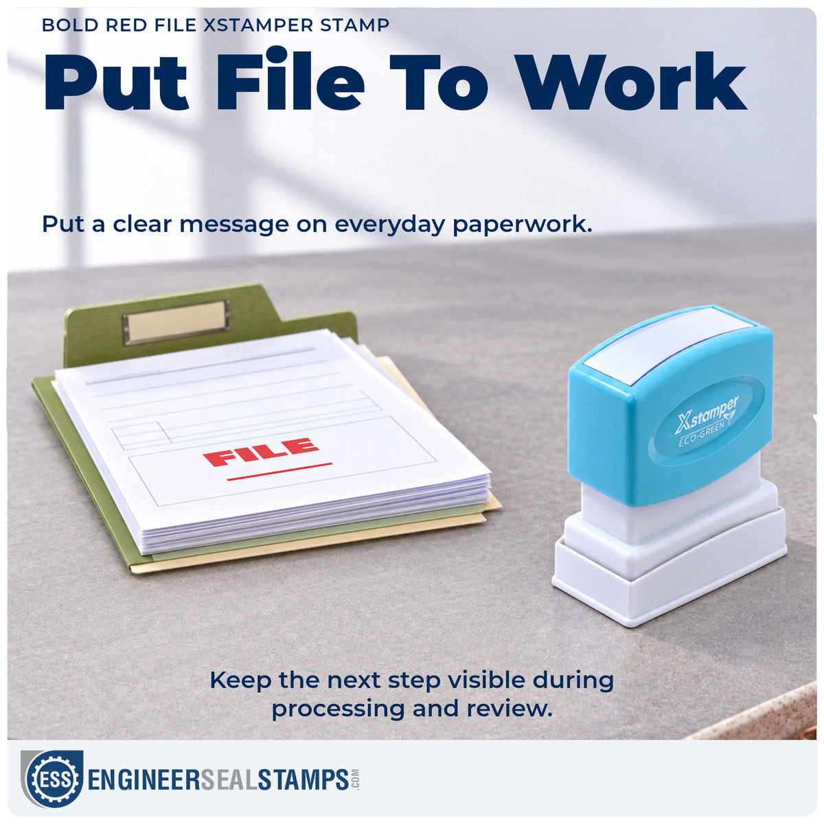 "File" stamp being pressed onto a document during everyday filing