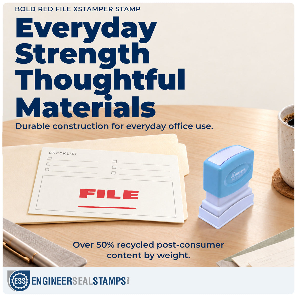 Features of the "File" Xstamper No. 1217 pre-inked stamp