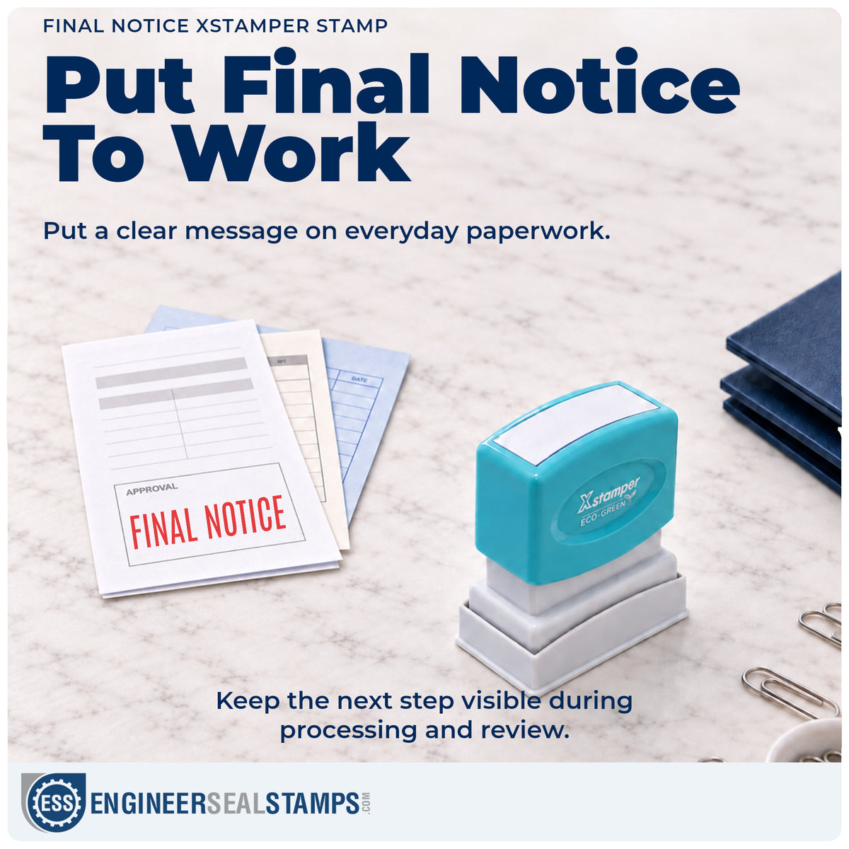 "Final notice" stamp being pressed onto a document during everyday filing