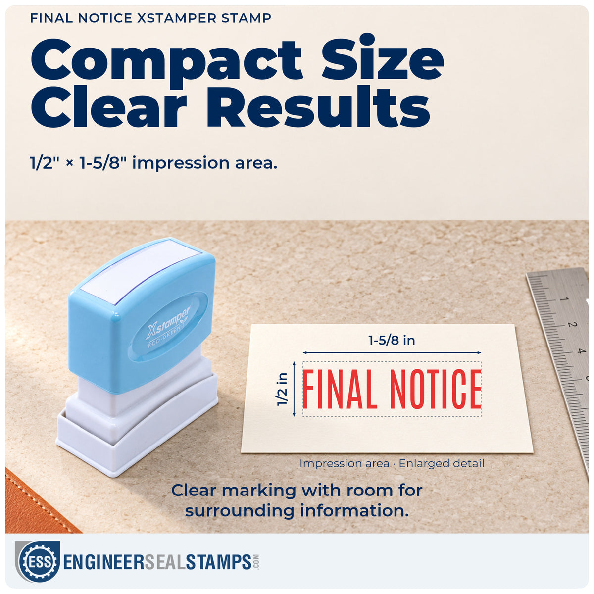 Impression size guide: the "Final notice" imprint measures Approximately 1/2 in tall x 1-5/8 in wide