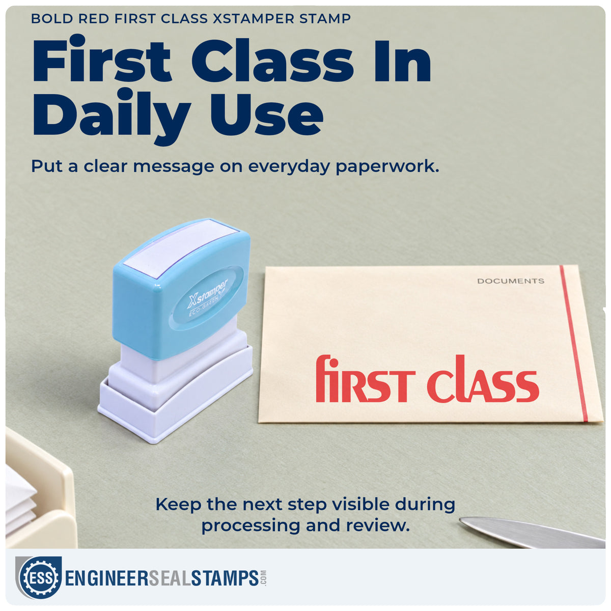 "First class" stamp being pressed onto a document during everyday filing