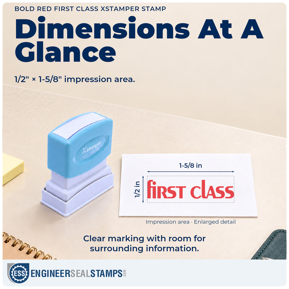 Impression size guide: the "First class" imprint measures 1/2 x 1-5/8 in