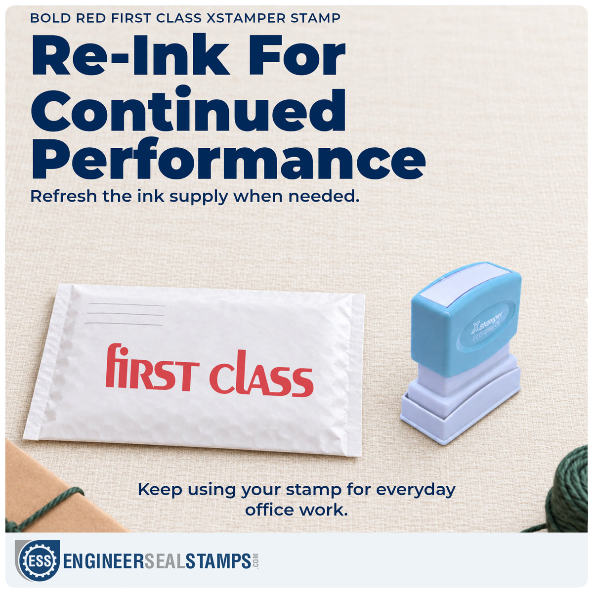Re-inkable "First class" stamp built for thousands of repeat impressions