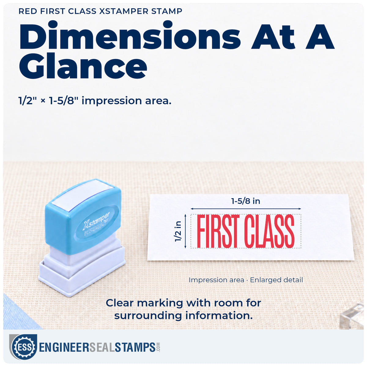 Impression size guide: the "First class" imprint measures Approximately 1/2 in tall x 1-5/8 in wide