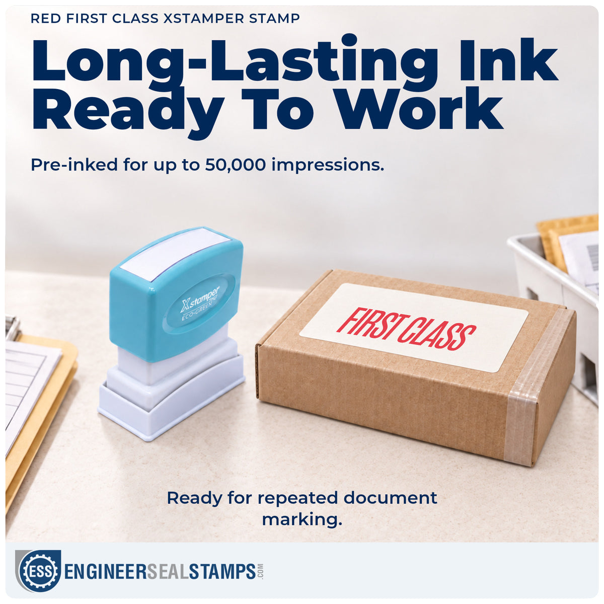 Re-inkable "First class" stamp built for thousands of repeat impressions