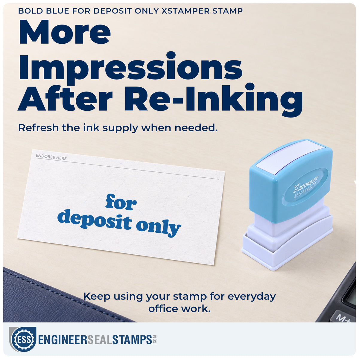 Re-inkable "For deposit only" stamp built for thousands of repeat impressions