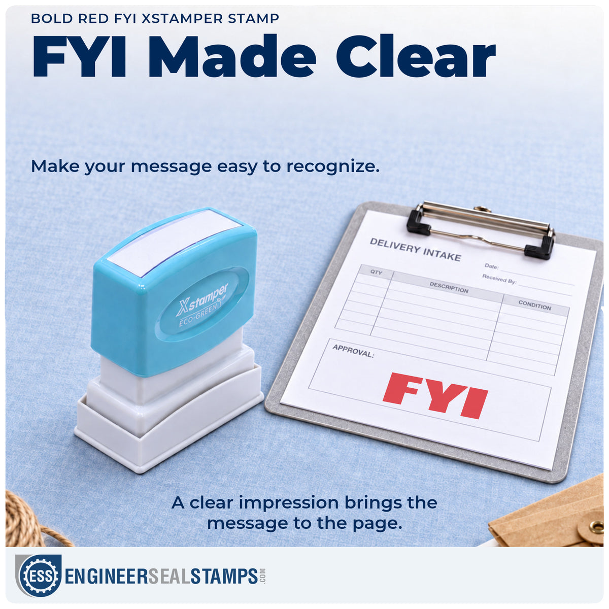 "FYI" imprint on office paperwork beside the Bold Red FYI Office Stamp – Pre-Inked Xstamper
