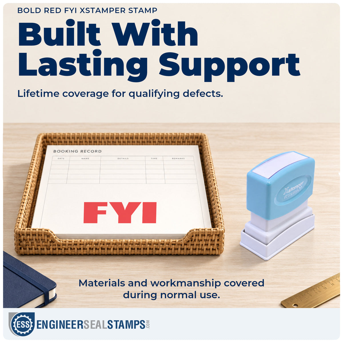 Lifetime guarantee coverage on the "FYI" Xstamper pre-inked stamp