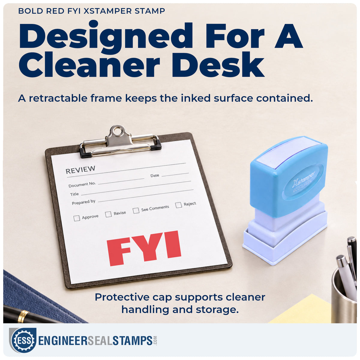 Features of the "FYI" Xstamper No. 1361 pre-inked stamp