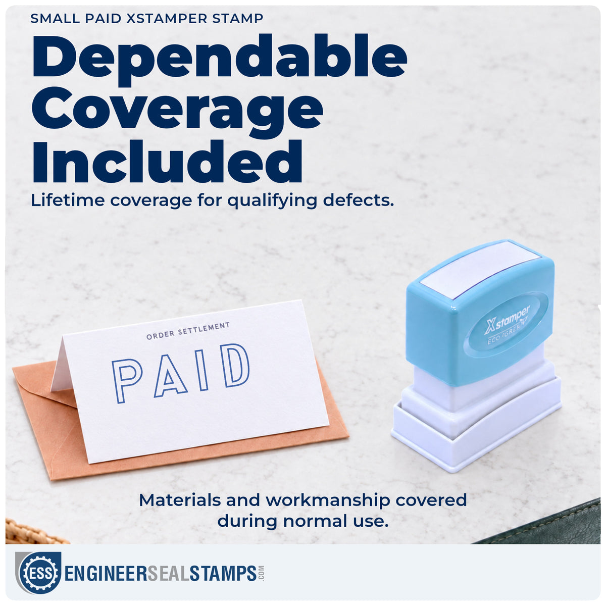 Lifetime guarantee coverage on the "Paid" Xstamper pre-inked stamp