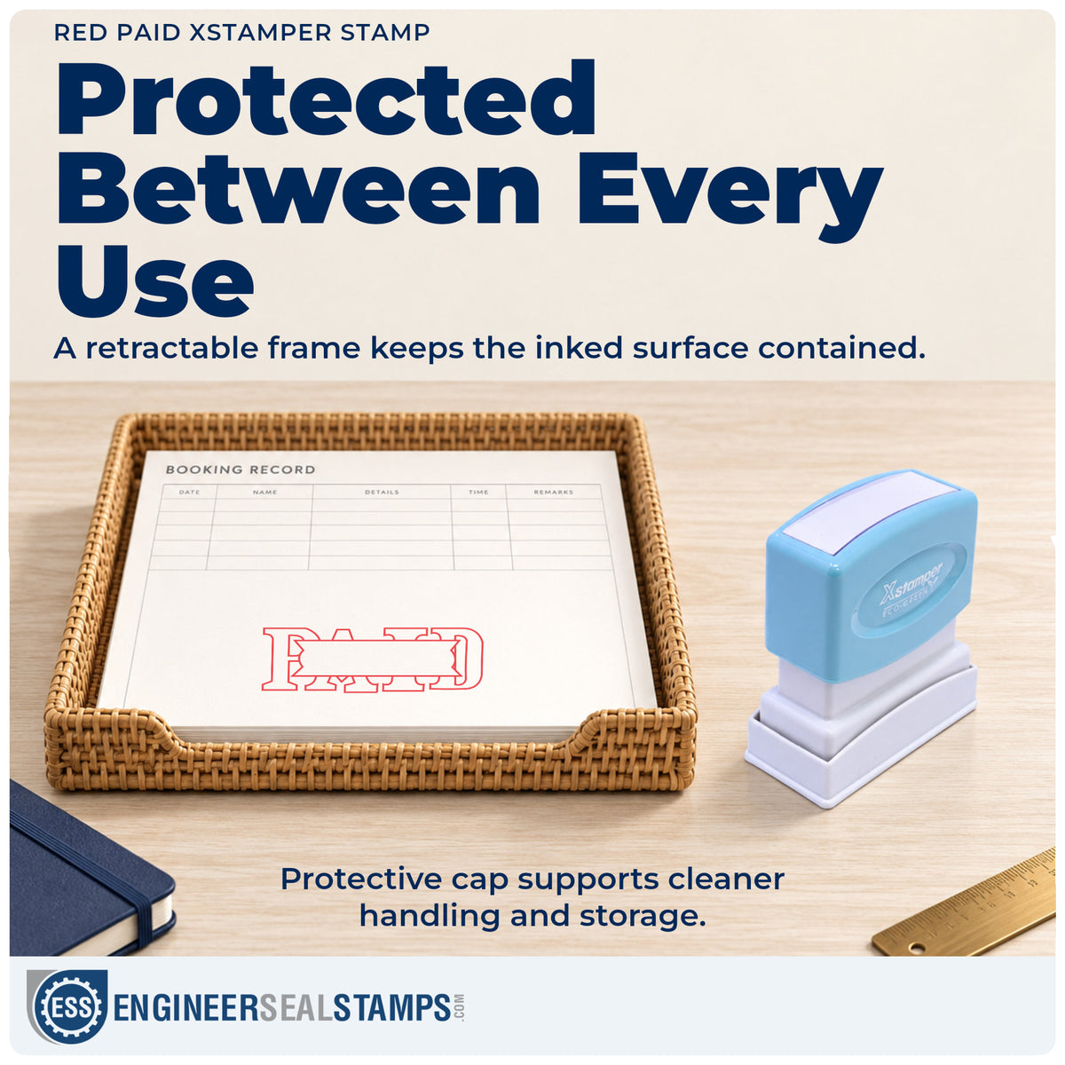 Features of the "Paid" Xstamper No. 1201 pre-inked stamp