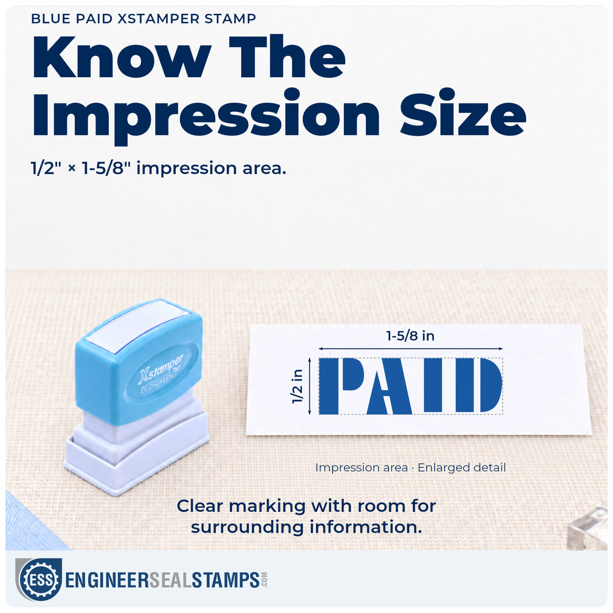 Impression size guide: the "Paid" imprint measures 1/2 x 1-5/8 in