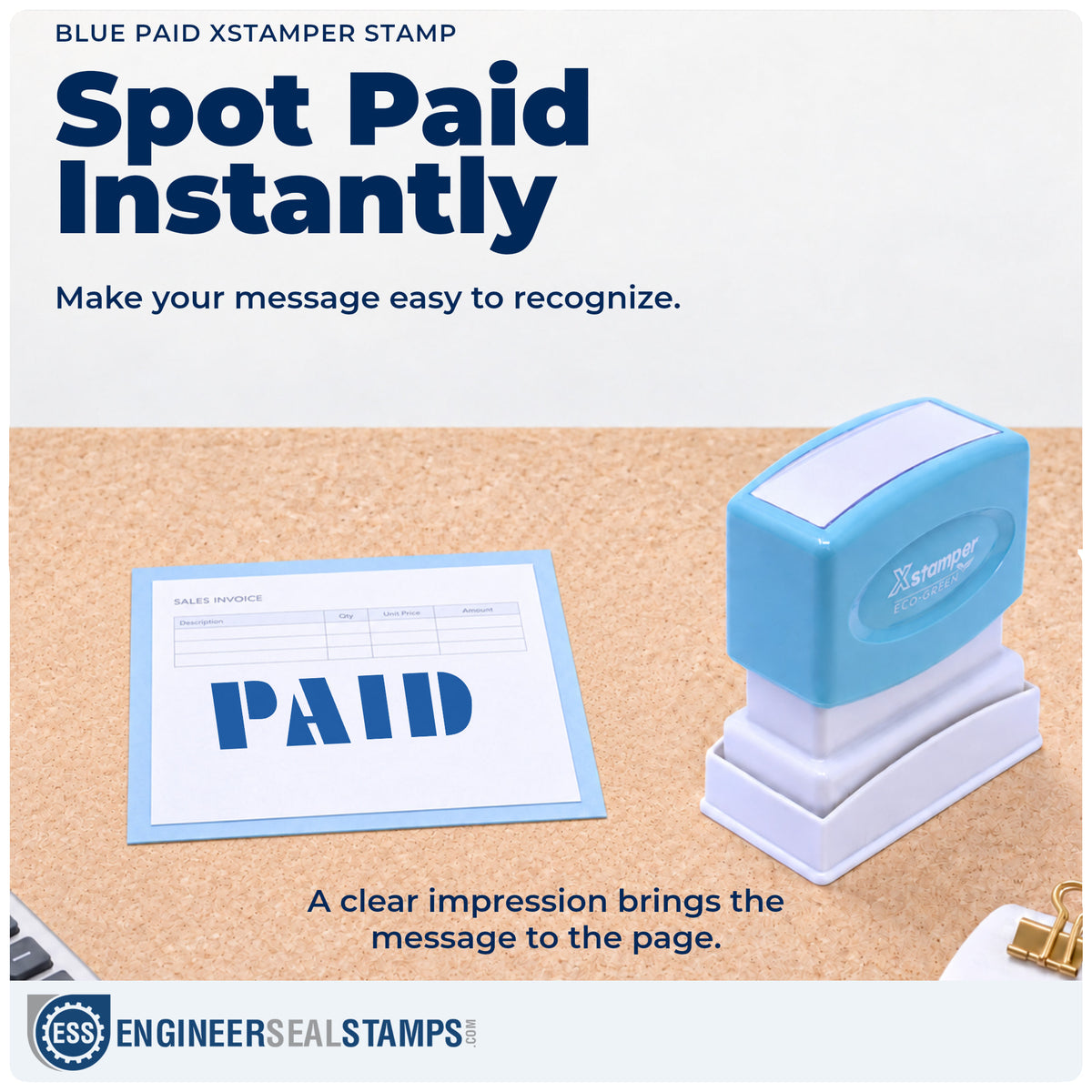 "Paid" imprint on office paperwork beside the Blue Paid Invoice Stamp – Pre-Inked Xstamper