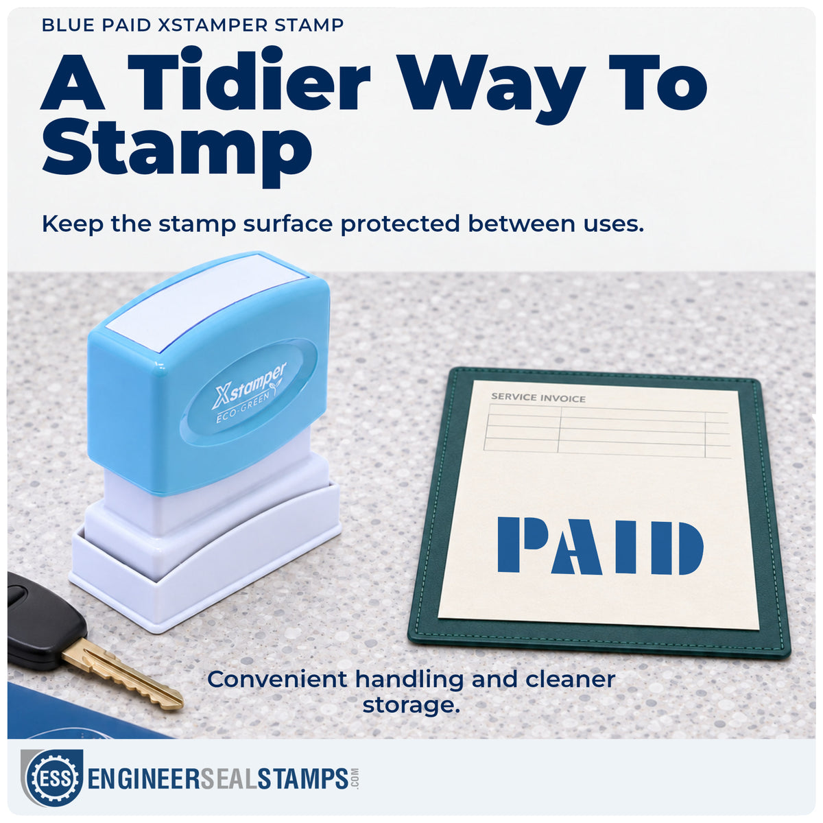 Features of the "Paid" Xstamper No. 1335 pre-inked stamp