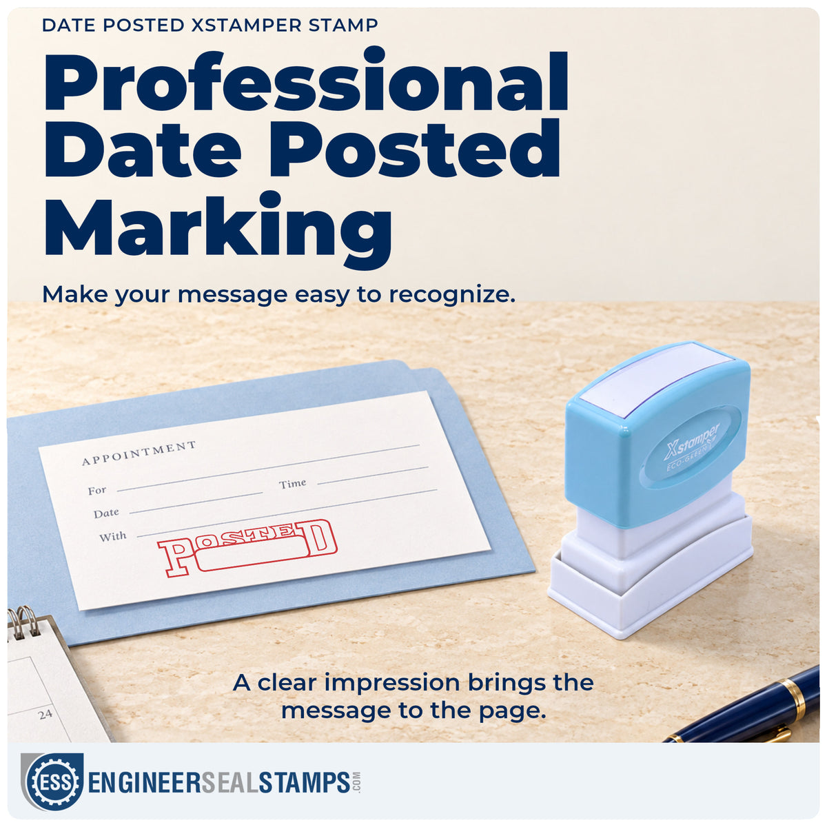 "Date posted" imprint on office paperwork beside the Xstamper Date Posted Stamp – Pre-Inked