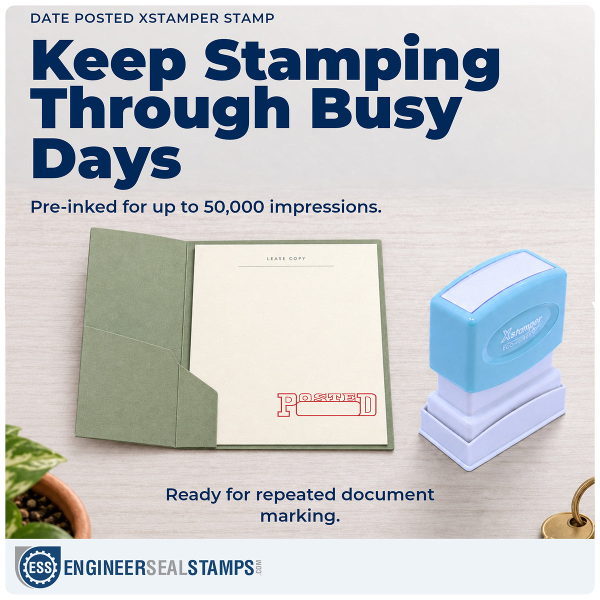 Re-inkable "Date posted" stamp built for thousands of repeat impressions