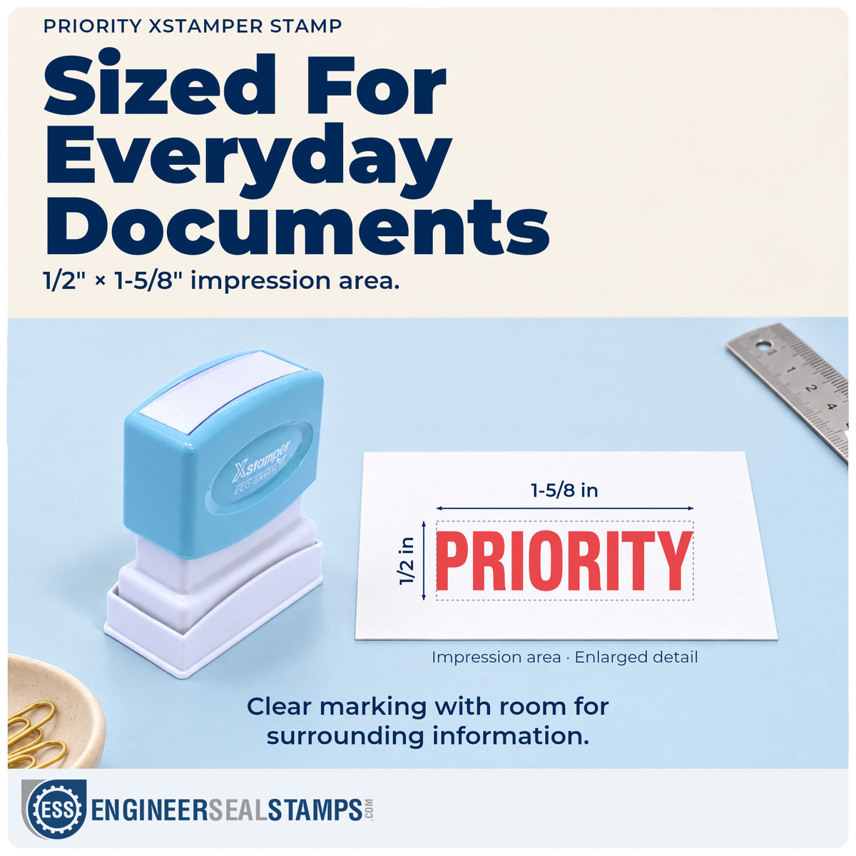 Impression size guide: the "Priority" imprint measures 1/2 x 1-5/8 in