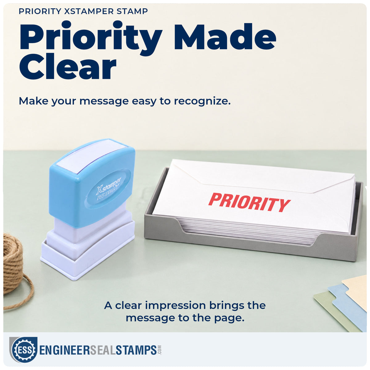 "Priority" imprint on office paperwork beside the Xstamper Priority Stamp – Pre-Inked