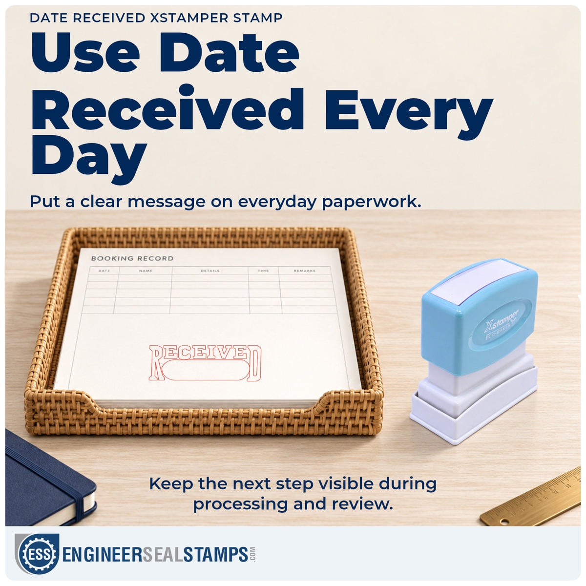 "Date received" stamp being pressed onto a document during everyday filing