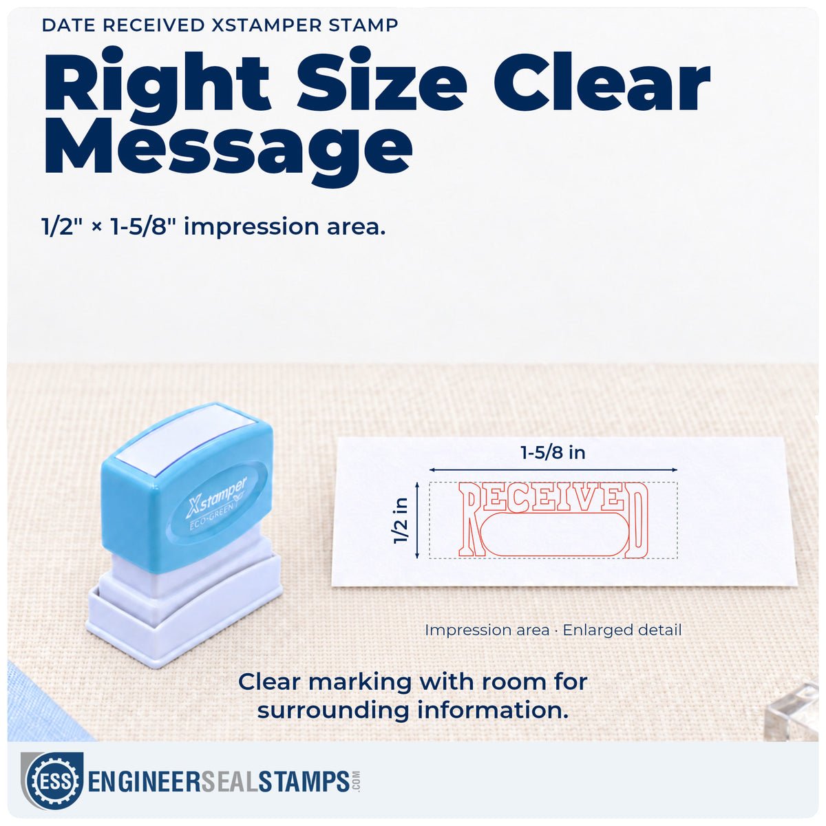 Impression size guide: the "Date received" imprint measures Approximately 1/2 in tall x 1-5/8 in wide