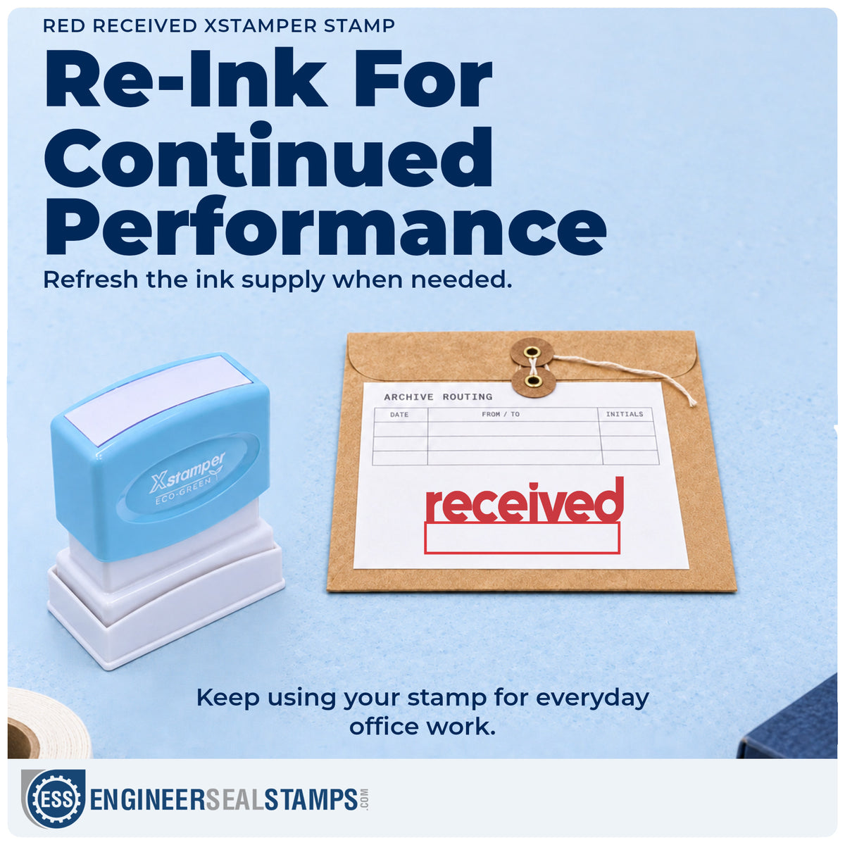 Re-inkable "Received" stamp built for thousands of repeat impressions