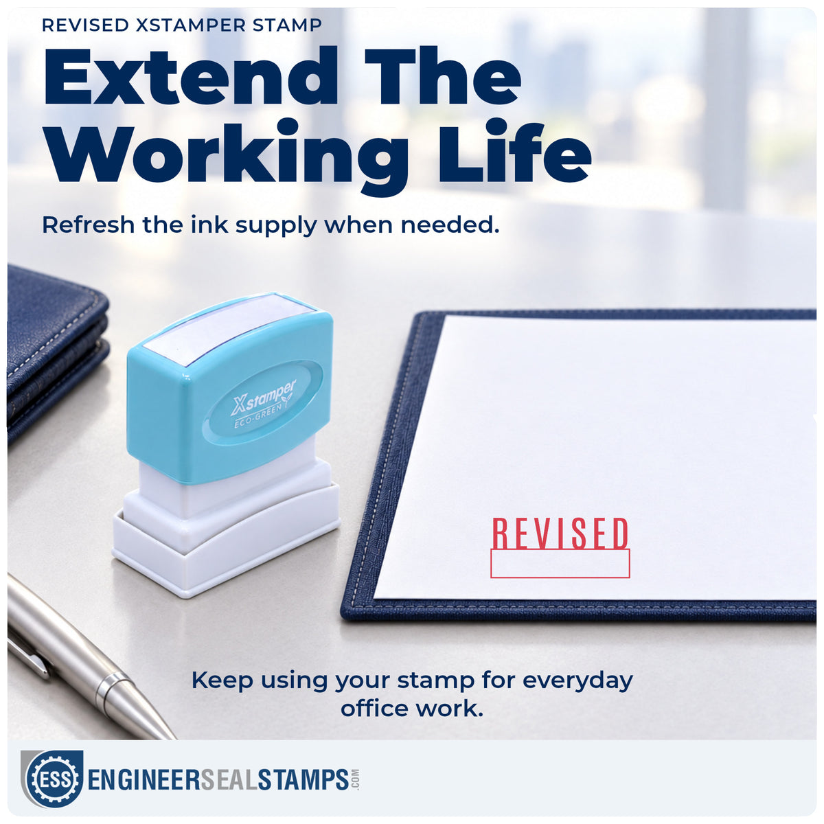 Re-inkable "Revised" stamp built for thousands of repeat impressions