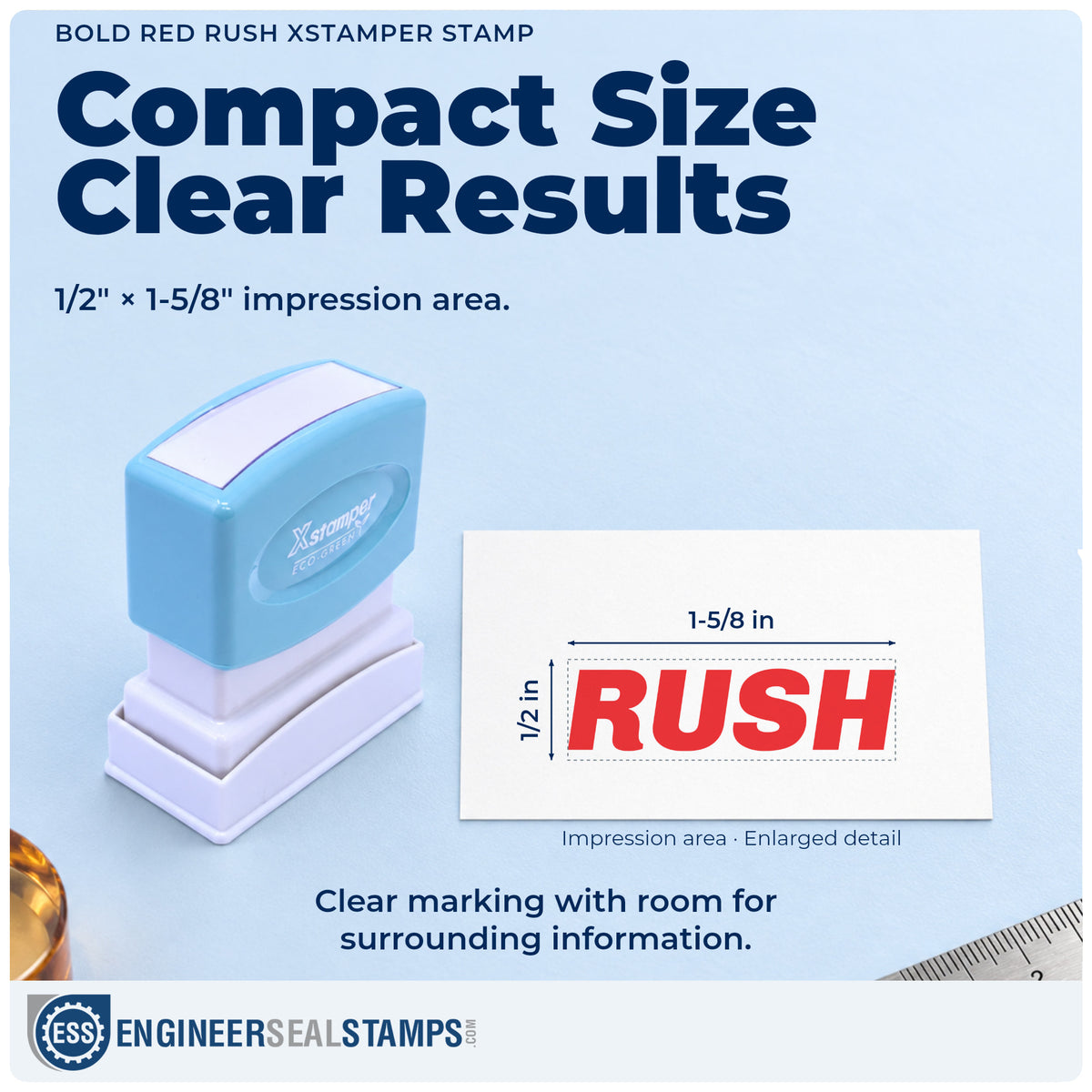 Impression size guide: the "Rush" imprint measures Approximately 1/2 in tall x 1-5/8 in wide