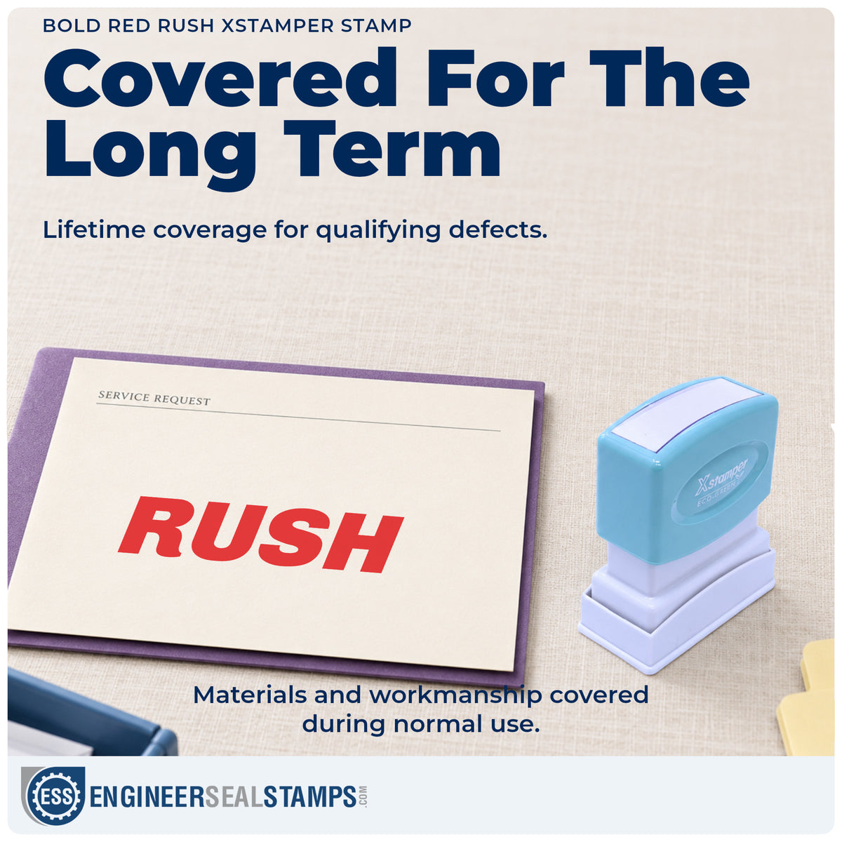Lifetime guarantee coverage on the "Rush" Xstamper pre-inked stamp