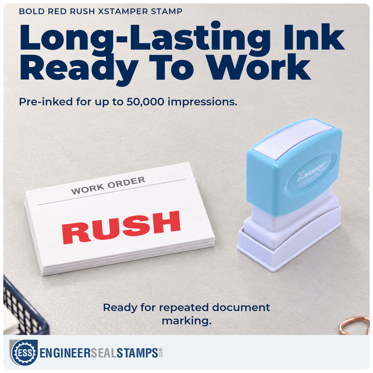 Re-inkable "Rush" stamp built for thousands of repeat impressions