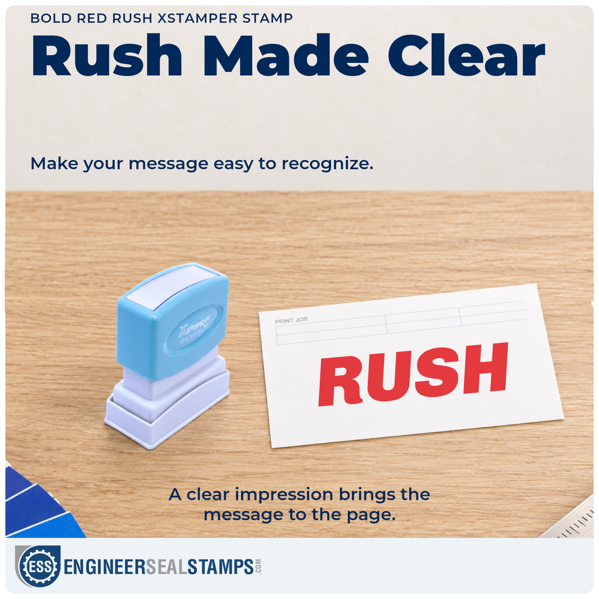 "Rush" imprint on office paperwork beside the Rush Priority Stamp – Bold Red Pre-Inked Xstamper