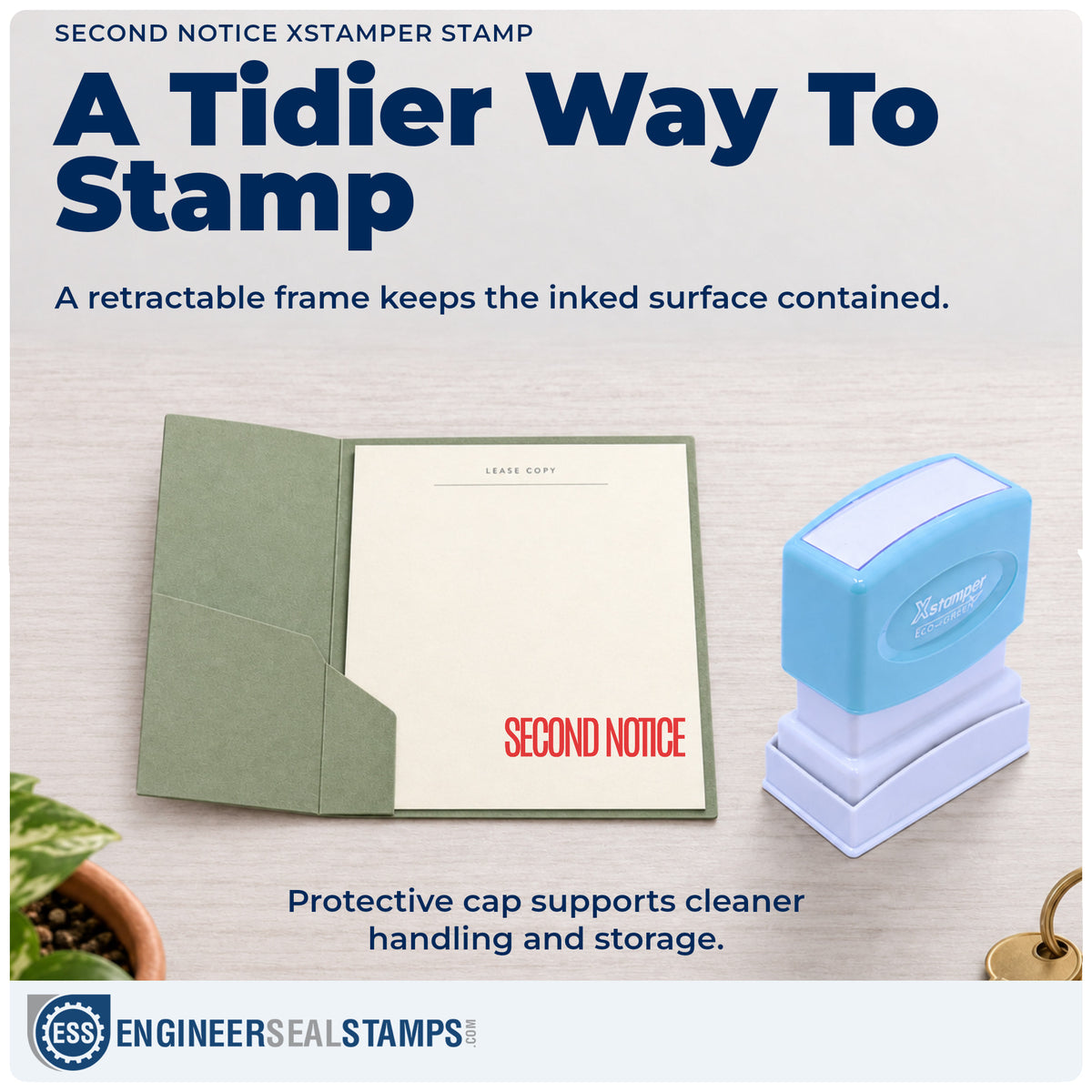Features of the "Second notice" Xstamper No. 1012 pre-inked stamp