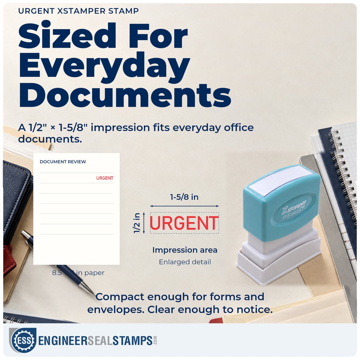 Impression size guide: the "Urgent" imprint measures 1/2 x 1-5/8 in