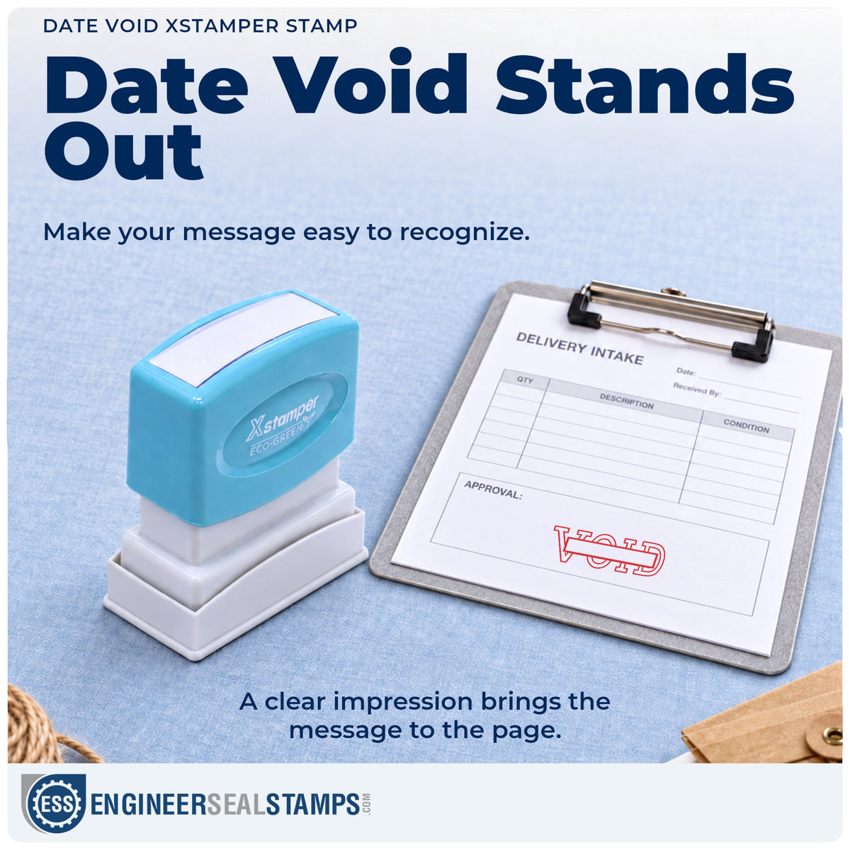 "Date void" imprint on office paperwork beside the Xstamper Date Void Stamp – Pre-Inked