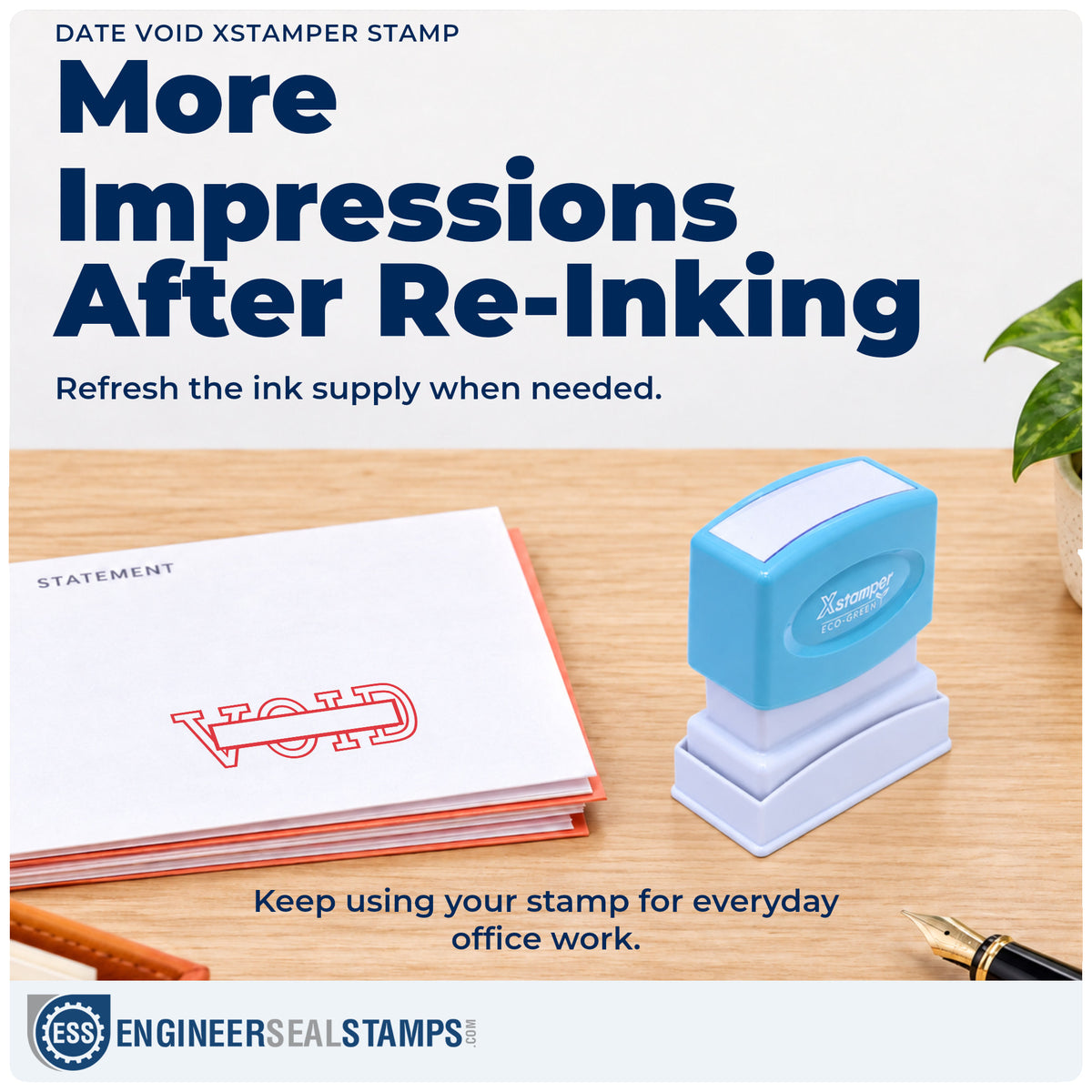 Re-inkable "Date void" stamp built for thousands of repeat impressions