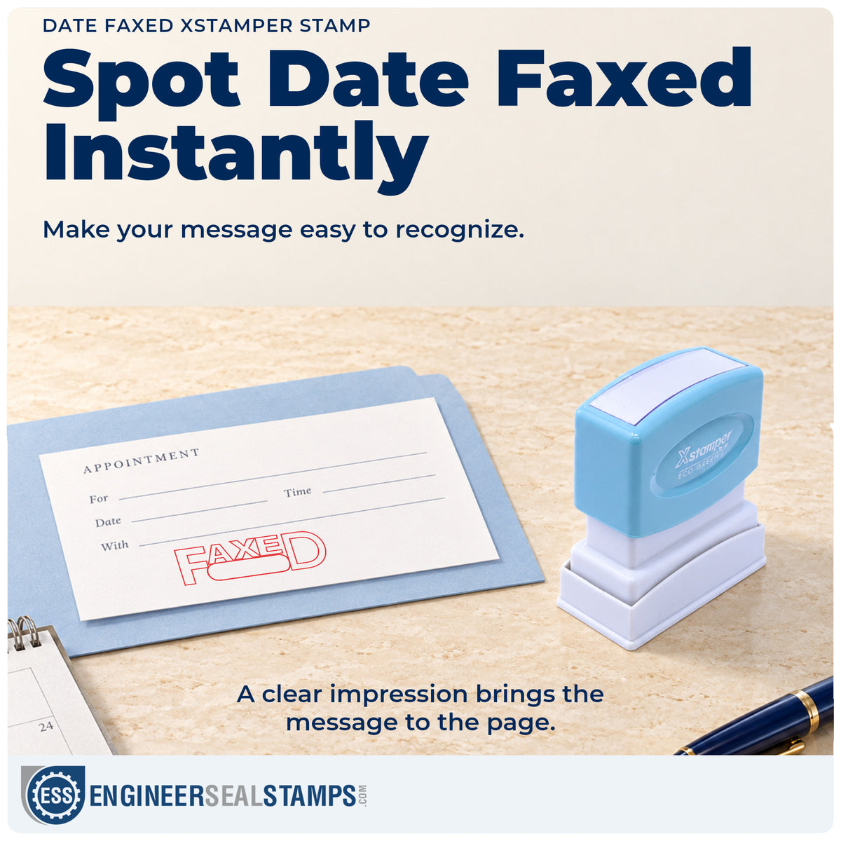"Date faxed" imprint on office paperwork beside the Date Faxed Text Stamp – Pre-Inked Xstamper