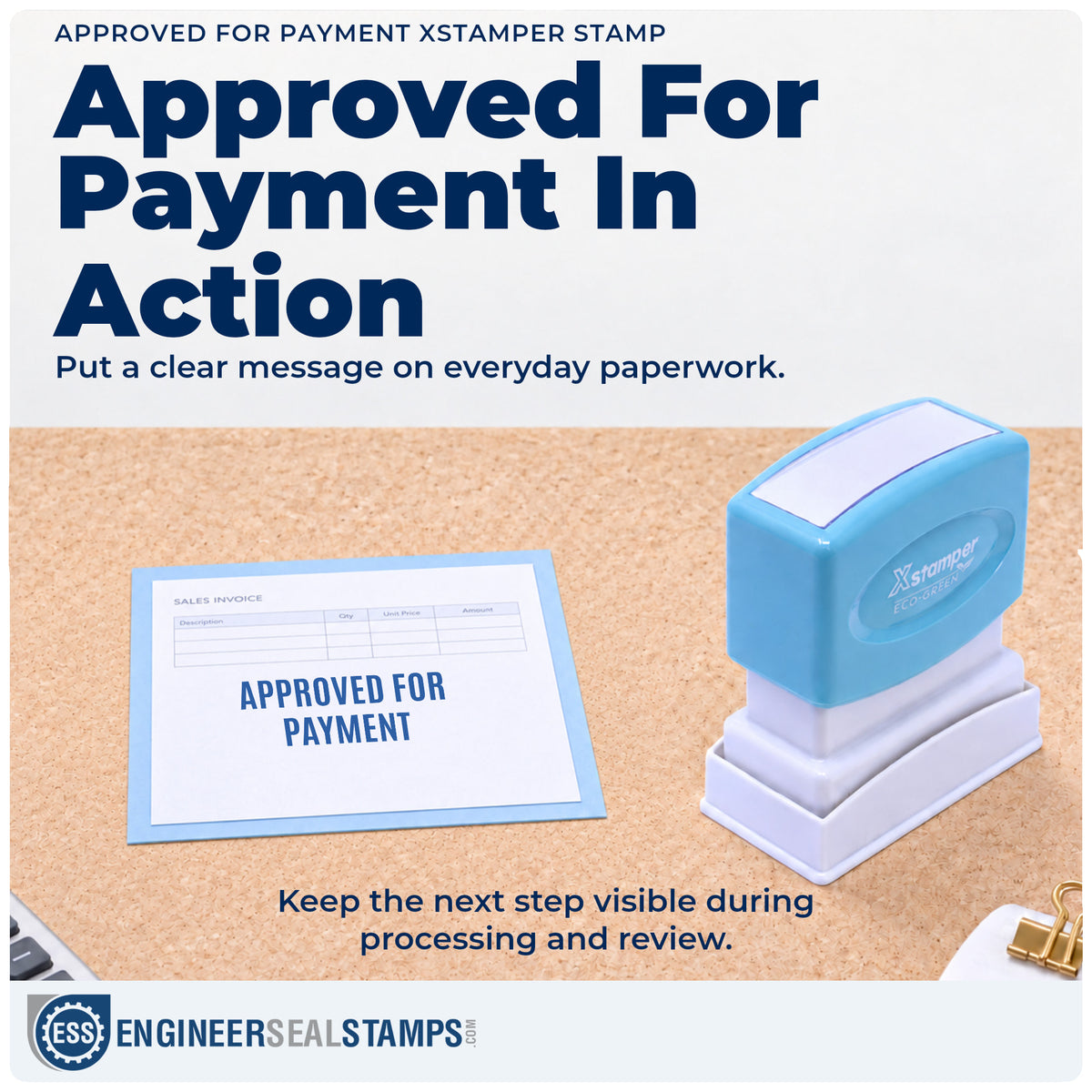 "Approved for payment" stamp being pressed onto a document during everyday filing