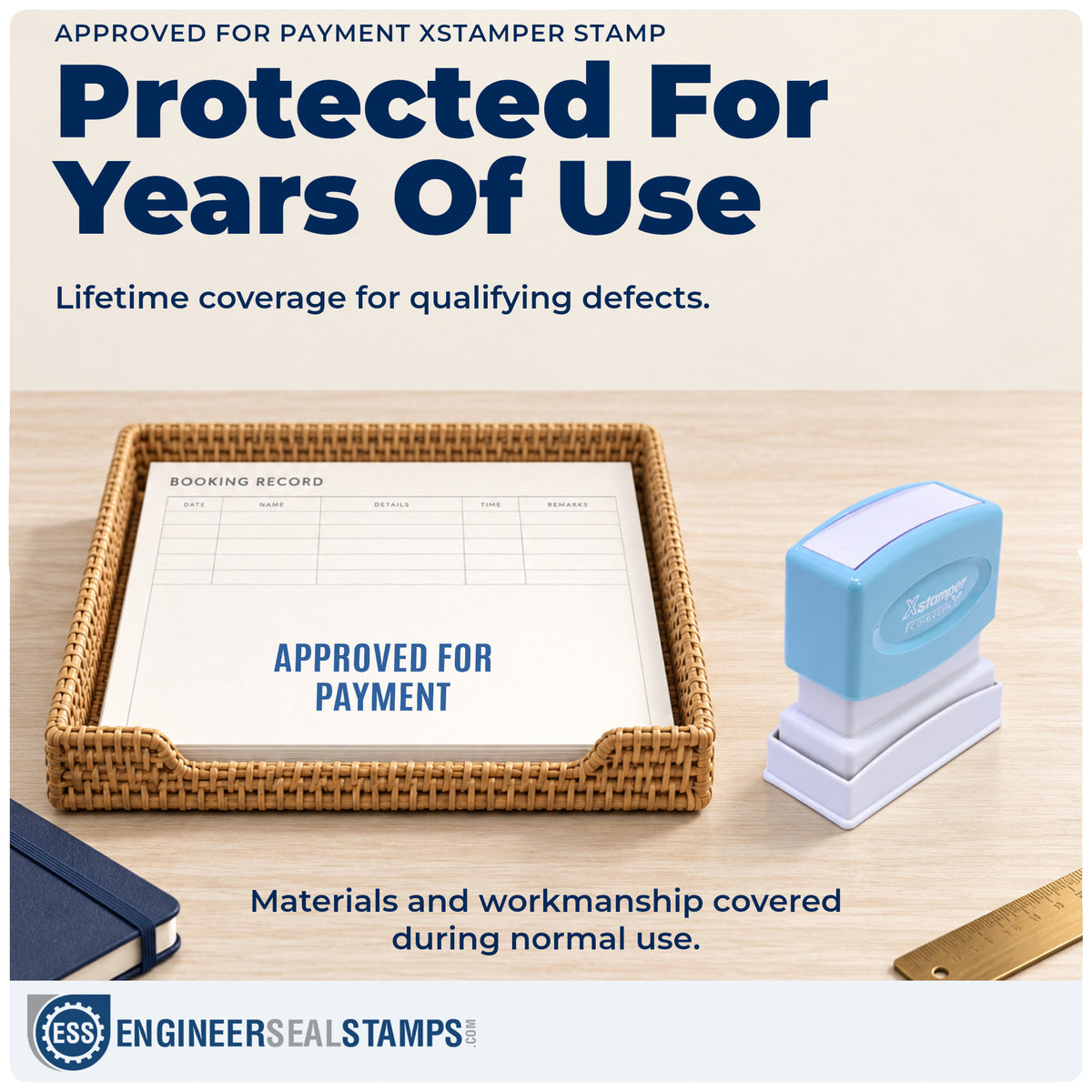 Lifetime guarantee coverage on the "Approved for payment" Xstamper pre-inked stamp