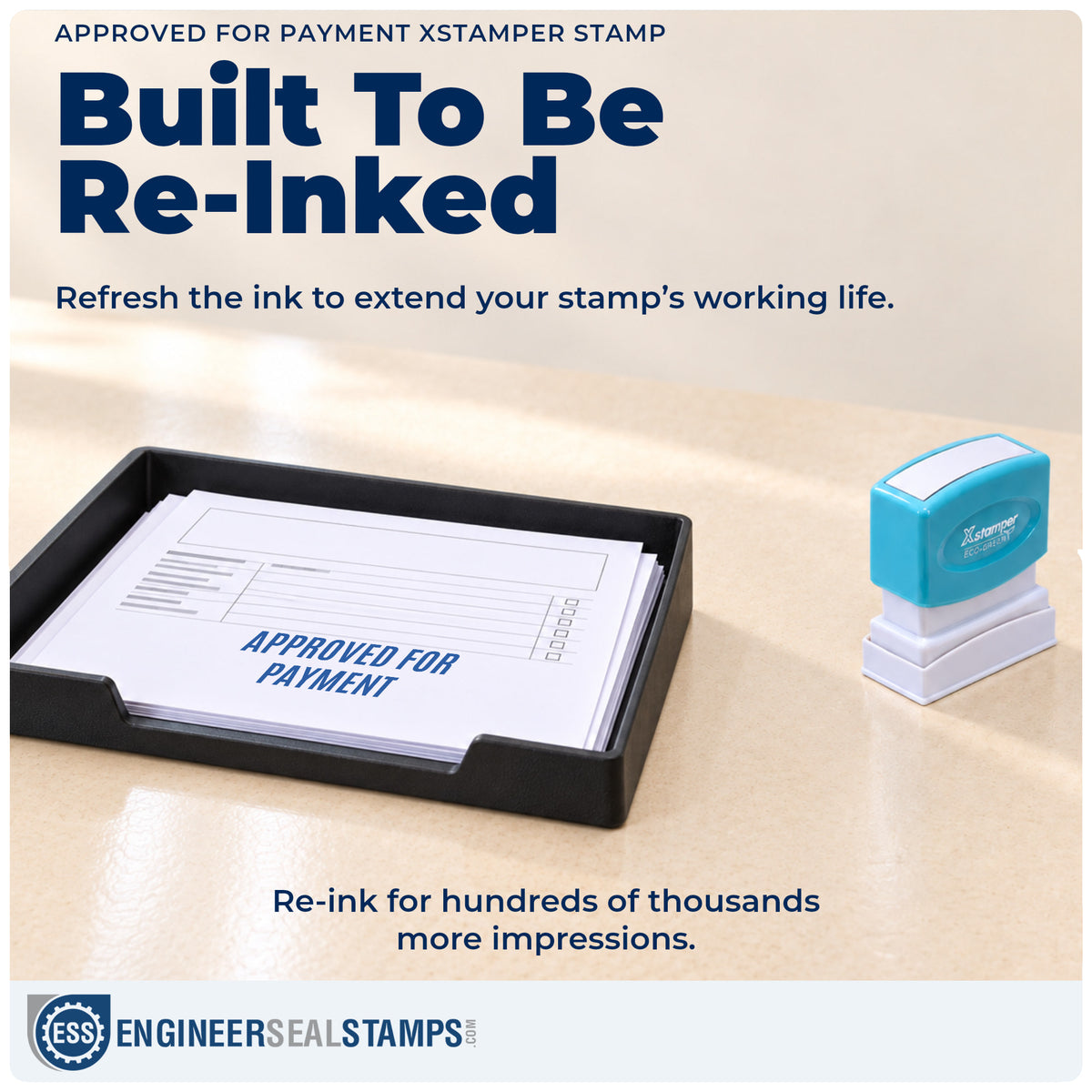 Re-inkable "Approved for payment" stamp built for thousands of repeat impressions