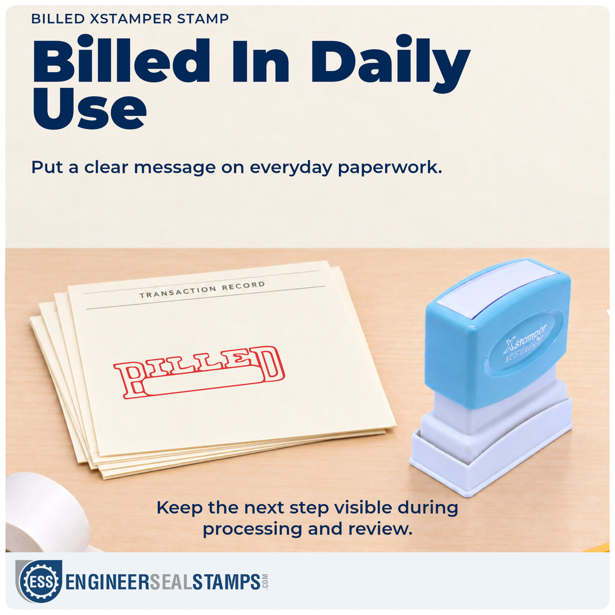 "Billed" stamp being pressed onto a document during everyday filing